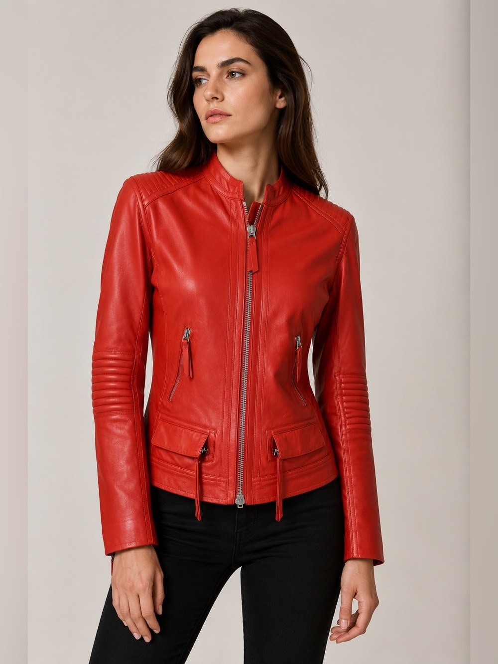 AUTH NEW ROBERTO CAVALLI LEATHER JACKET RED LAMBSKIN MOTO $2800 NWT